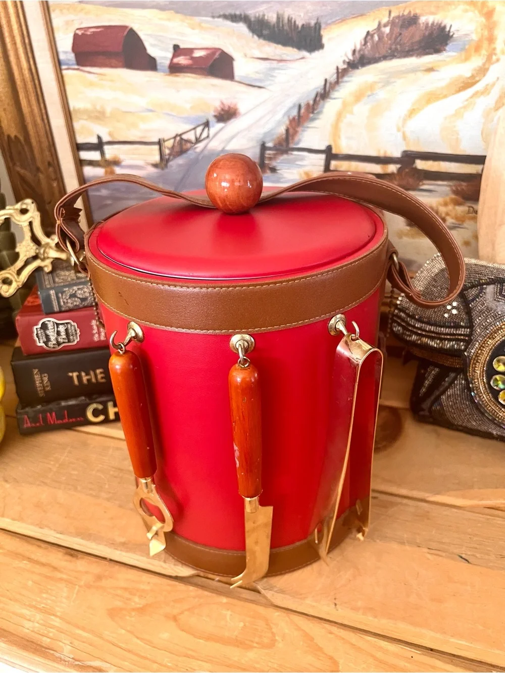 Vintage Mid Century MOD Goerges Briard RARE Red Faux Leather Ice Bucket & Tools
